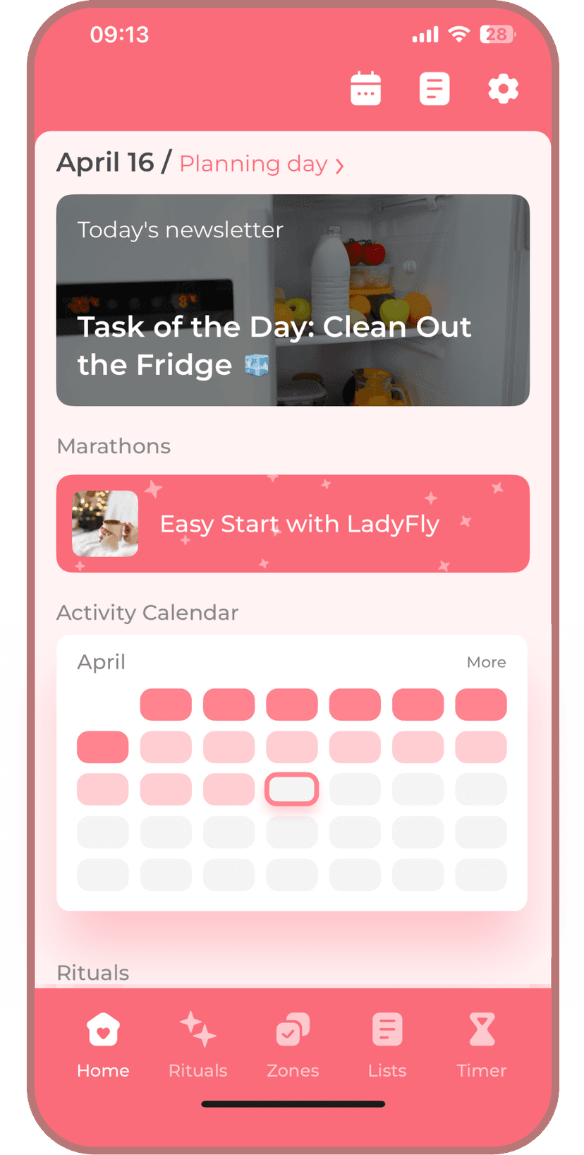 Main screen with rituals, zones and article if the app